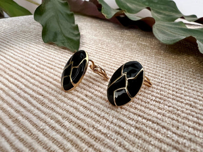 Vintage Mod Black & Gold Geometric Earrings, Clip - on Costume Earrings, Fashion Jewelry - Loom Vintage