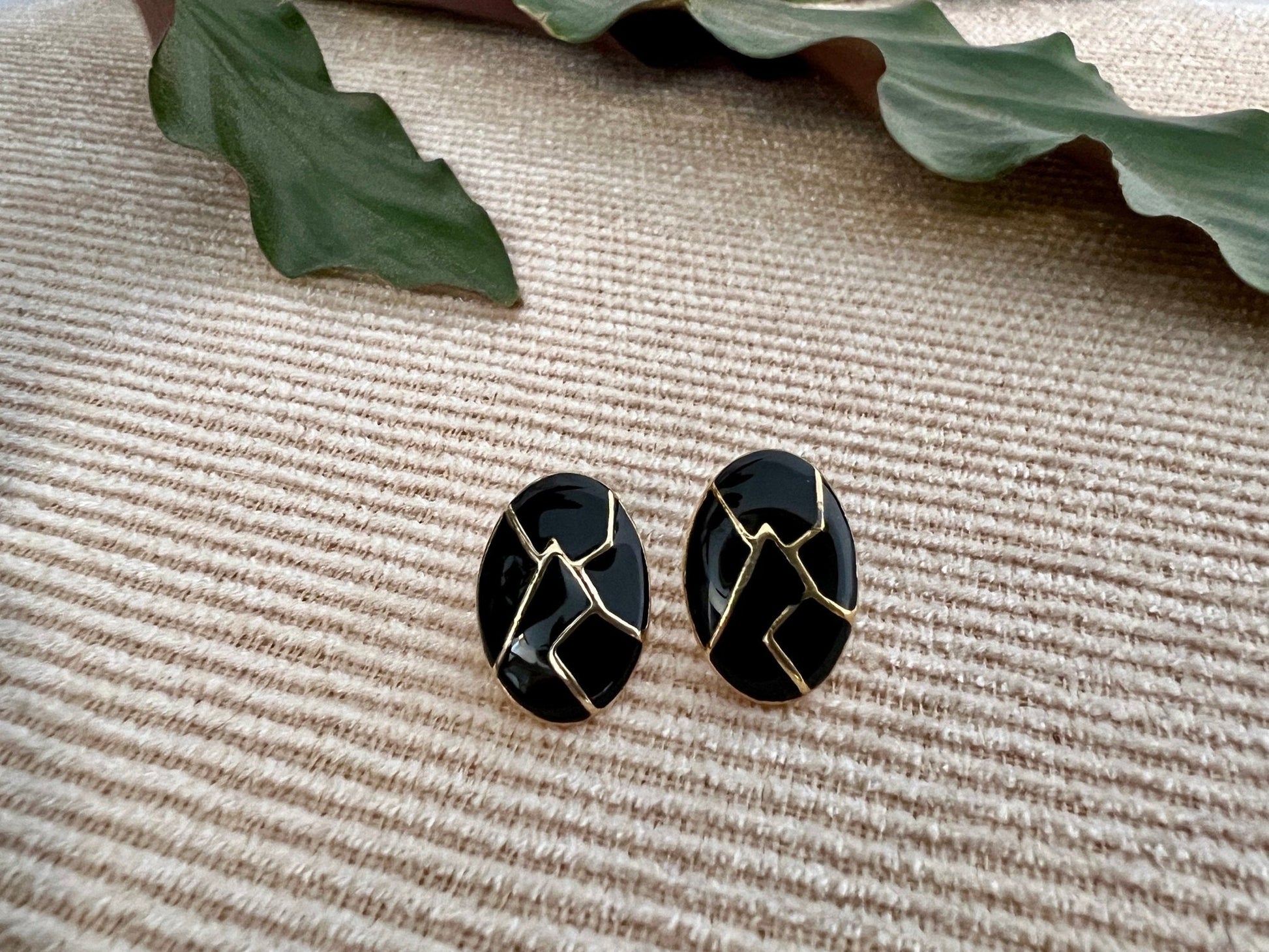 Vintage Mod Black & Gold Geometric Earrings, Clip - on Costume Earrings, Fashion Jewelry - Loom Vintage
