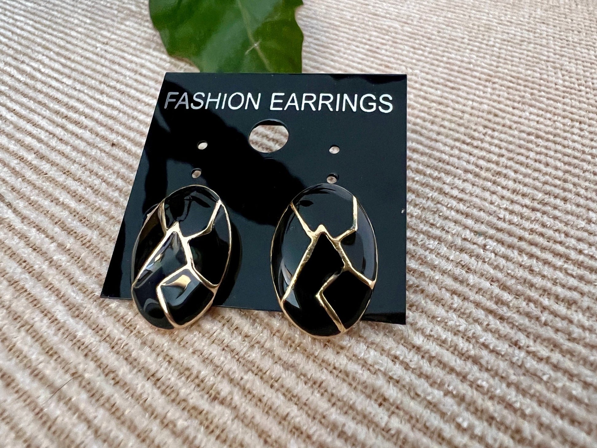 Vintage Mod Black & Gold Geometric Earrings, Clip - on Costume Earrings, Fashion Jewelry - Loom Vintage