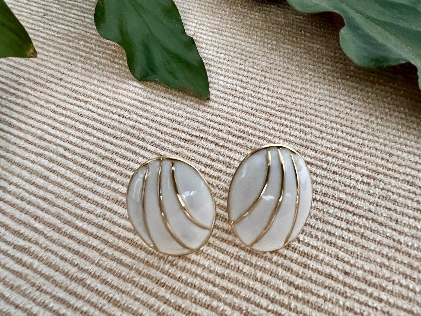 Vintage Mod White & Gold Geometric Earrings, Clip - on Costume Earrings, Fashion Jewelry - Loom Vintage