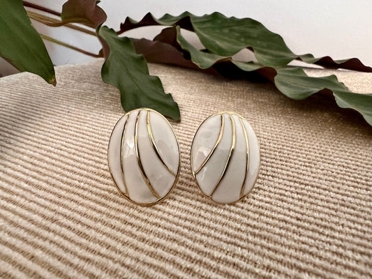 Vintage Mod White & Gold Geometric Earrings, Clip - on Costume Earrings, Fashion Jewelry - Loom Vintage