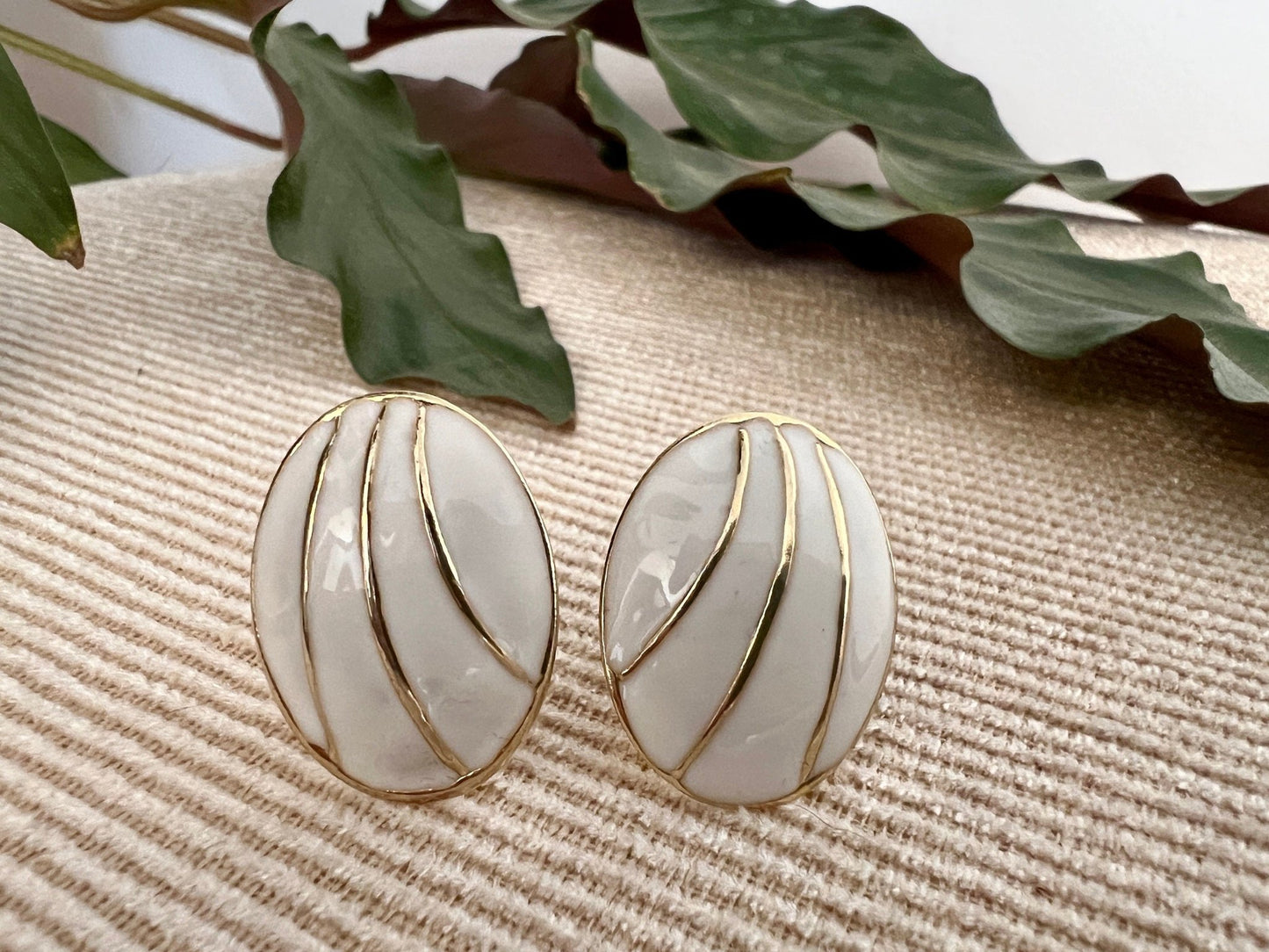Vintage Mod White & Gold Geometric Earrings, Clip - on Costume Earrings, Fashion Jewelry - Loom Vintage