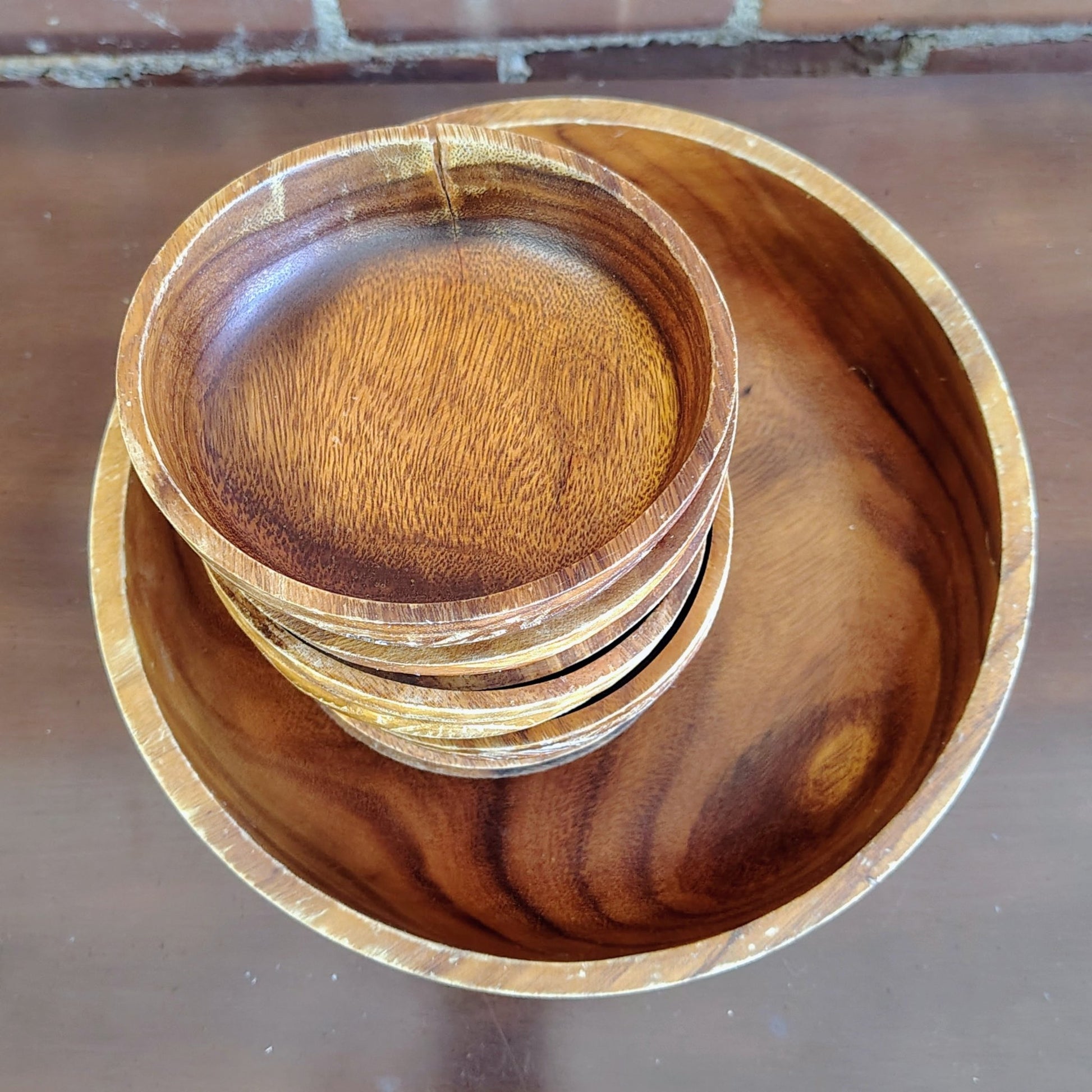 Vintage Monkey Pod Wood Salad Bowl Set with 7 Bowls Hand-Carved - Loom Vintage