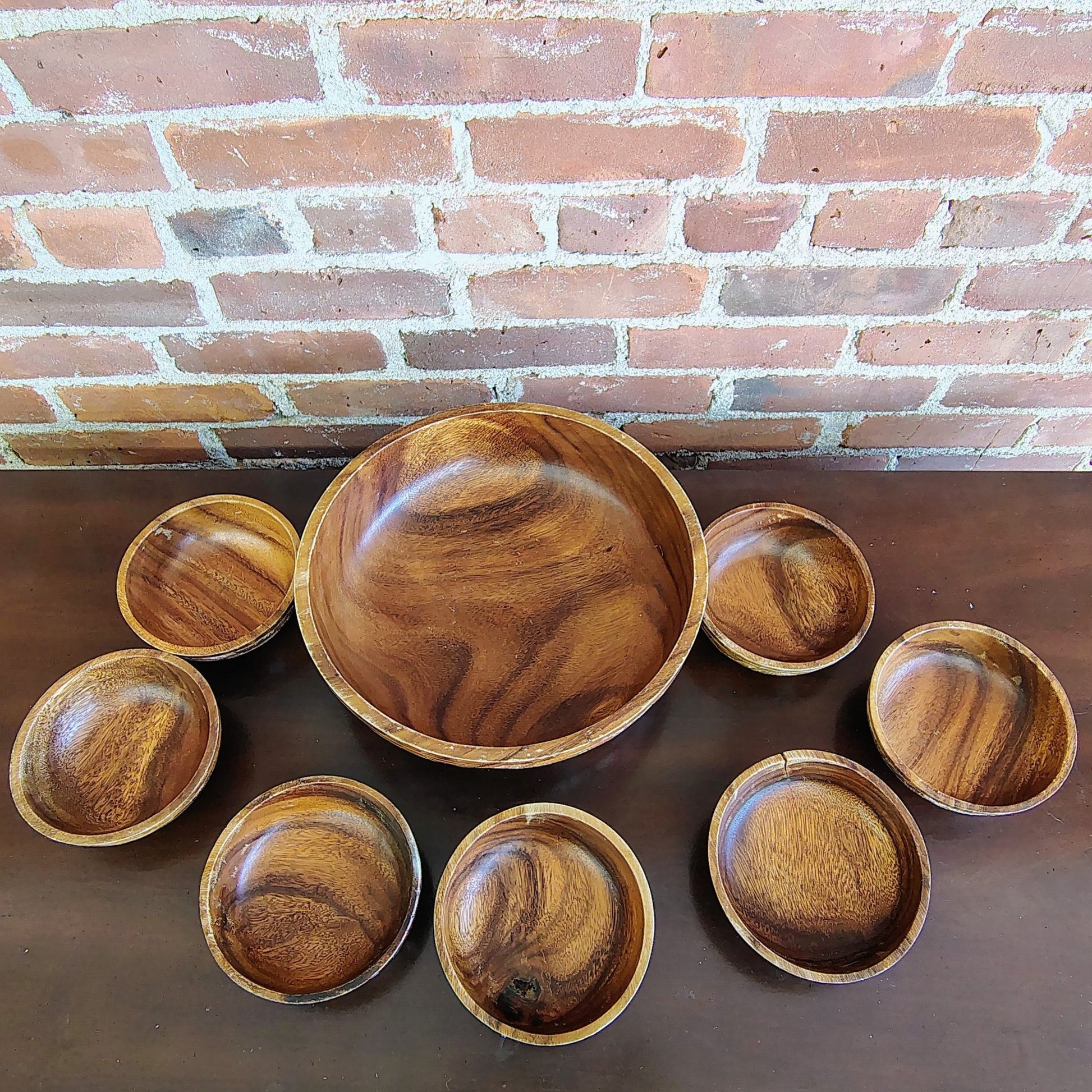 Vintage Monkey Pod Wood Salad Bowl Set with 7 Bowls Hand-Carved - Loom Vintage