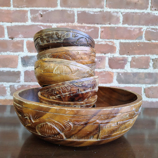 Vintage Monkey Pod Wood Salad Bowl Set with 7 Bowls Hand-Carved - Loom Vintage