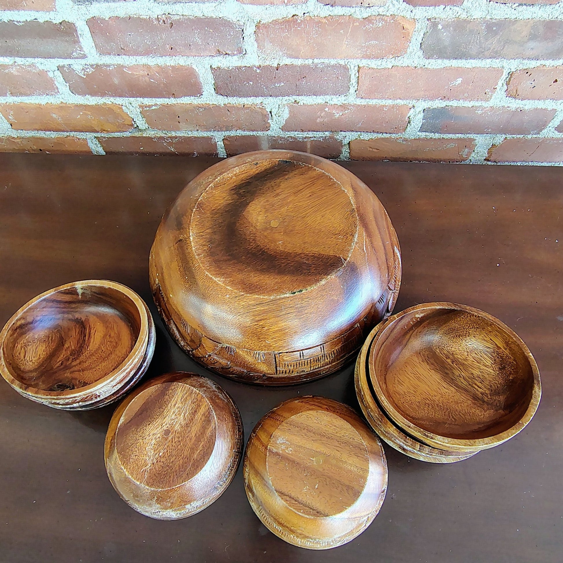 Vintage Monkey Pod Wood Salad Bowl Set with 7 Bowls Hand-Carved - Loom Vintage