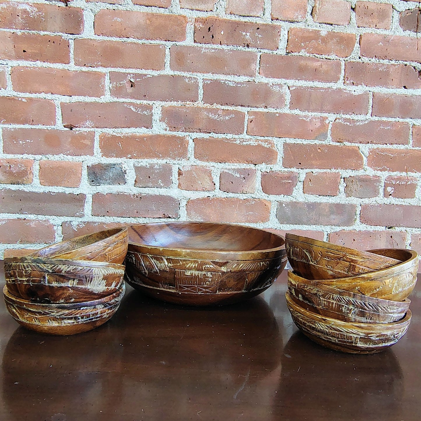 Vintage Monkey Pod Wood Salad Bowl Set with 7 Bowls Hand-Carved - Loom Vintage