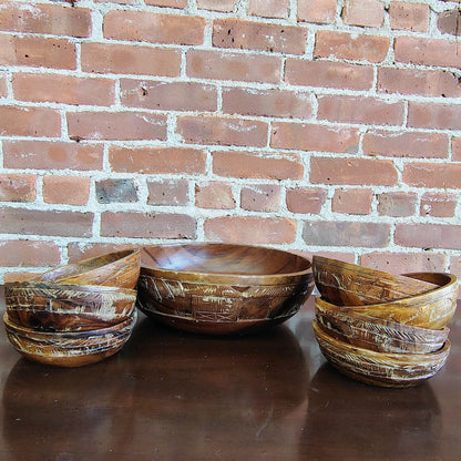 Vintage Monkey Pod Wood Salad Bowl Set with 7 Bowls Hand-Carved - Loom Vintage