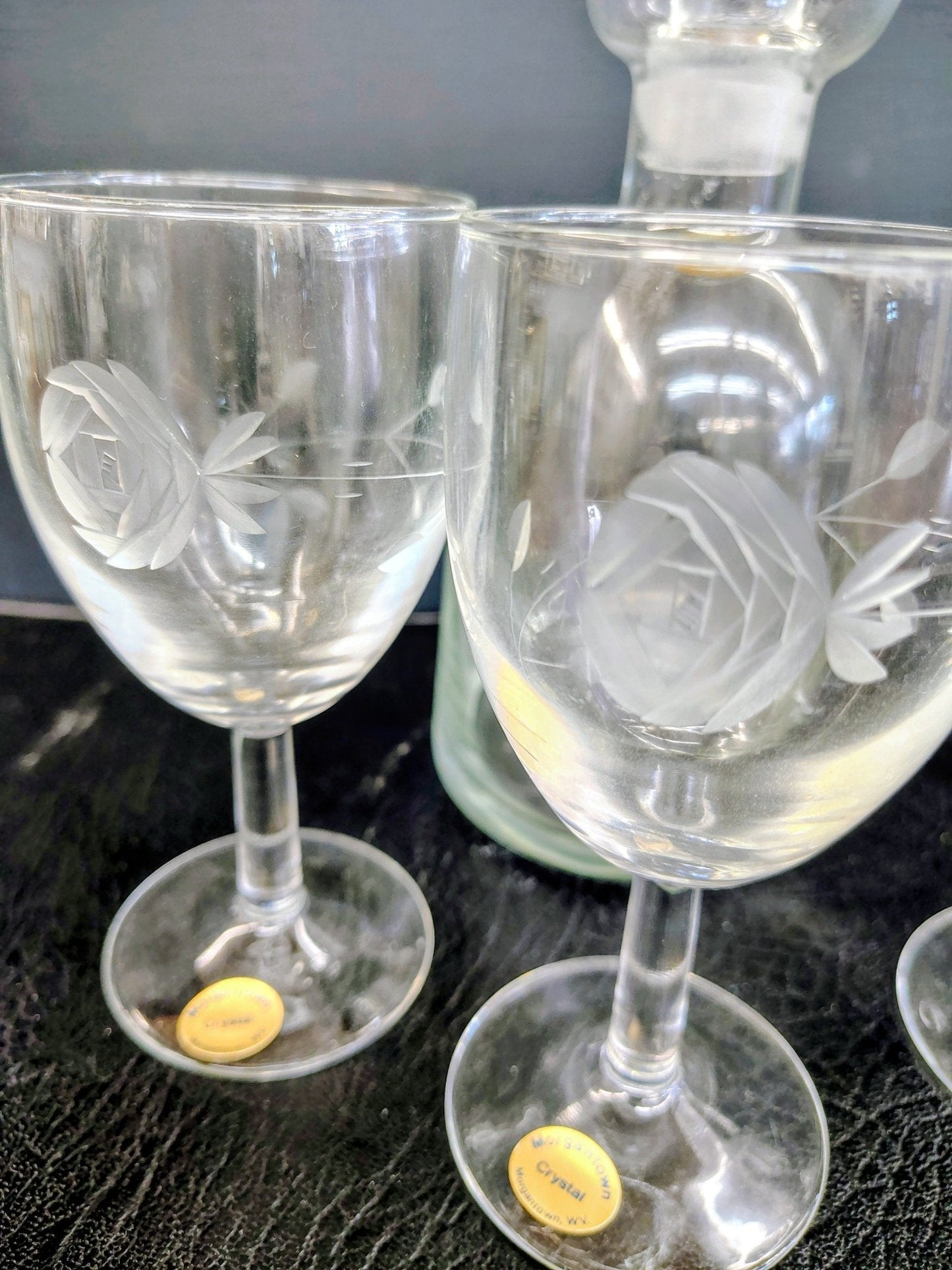 Vintage Morgantown Crystal Port Decanter Set with Etched Rose Glasses – 5 Pieces - Loom Vintage
