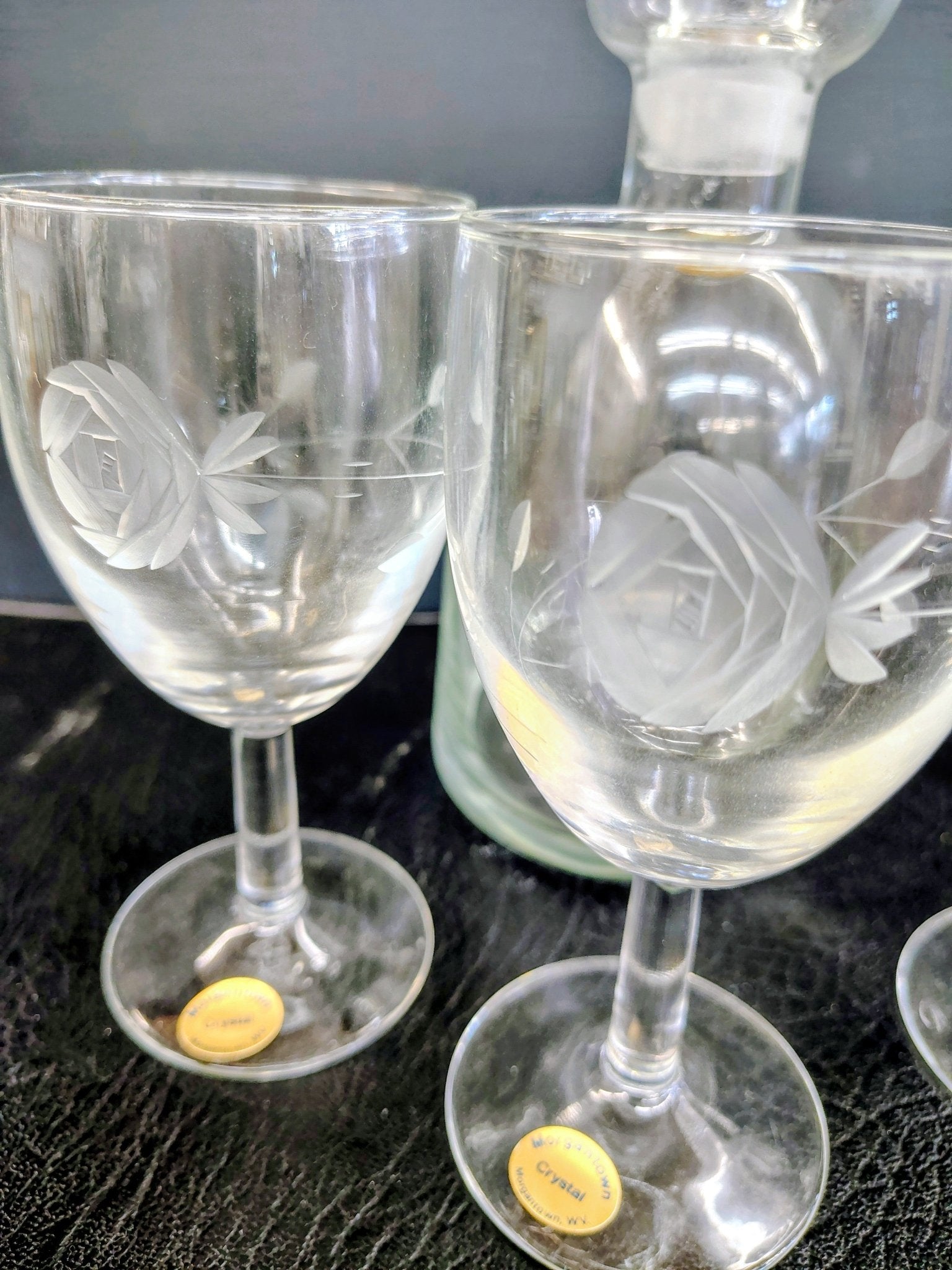 Vintage Morgantown Crystal Port Decanter Set with Etched Rose Glasses – 5 Pieces - Loom Vintage