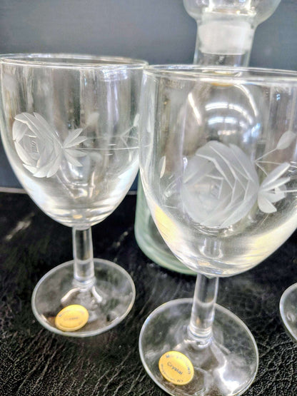 Vintage Morgantown Crystal Port Decanter Set with Etched Rose Glasses – 5 Pieces - Loom Vintage