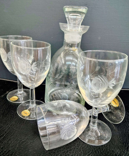 Vintage Morgantown Crystal Port Decanter Set with Etched Rose Glasses – 5 Pieces - Loom Vintage