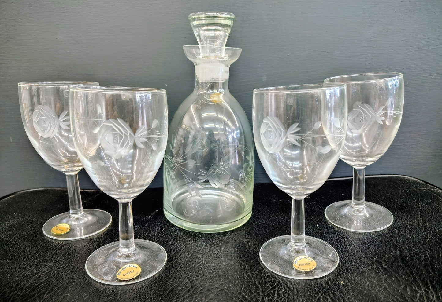 Vintage Morgantown Crystal Port Decanter Set with Etched Rose Glasses – 5 Pieces - Loom Vintage