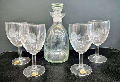 Vintage Morgantown Crystal Port Decanter Set with Etched Rose Glasses – 5 Pieces - Loom Vintage