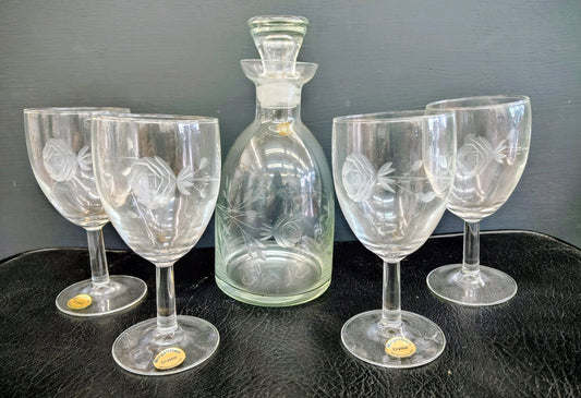 Vintage Morgantown Crystal Port Decanter Set with Etched Rose Glasses – 5 Pieces - Loom Vintage