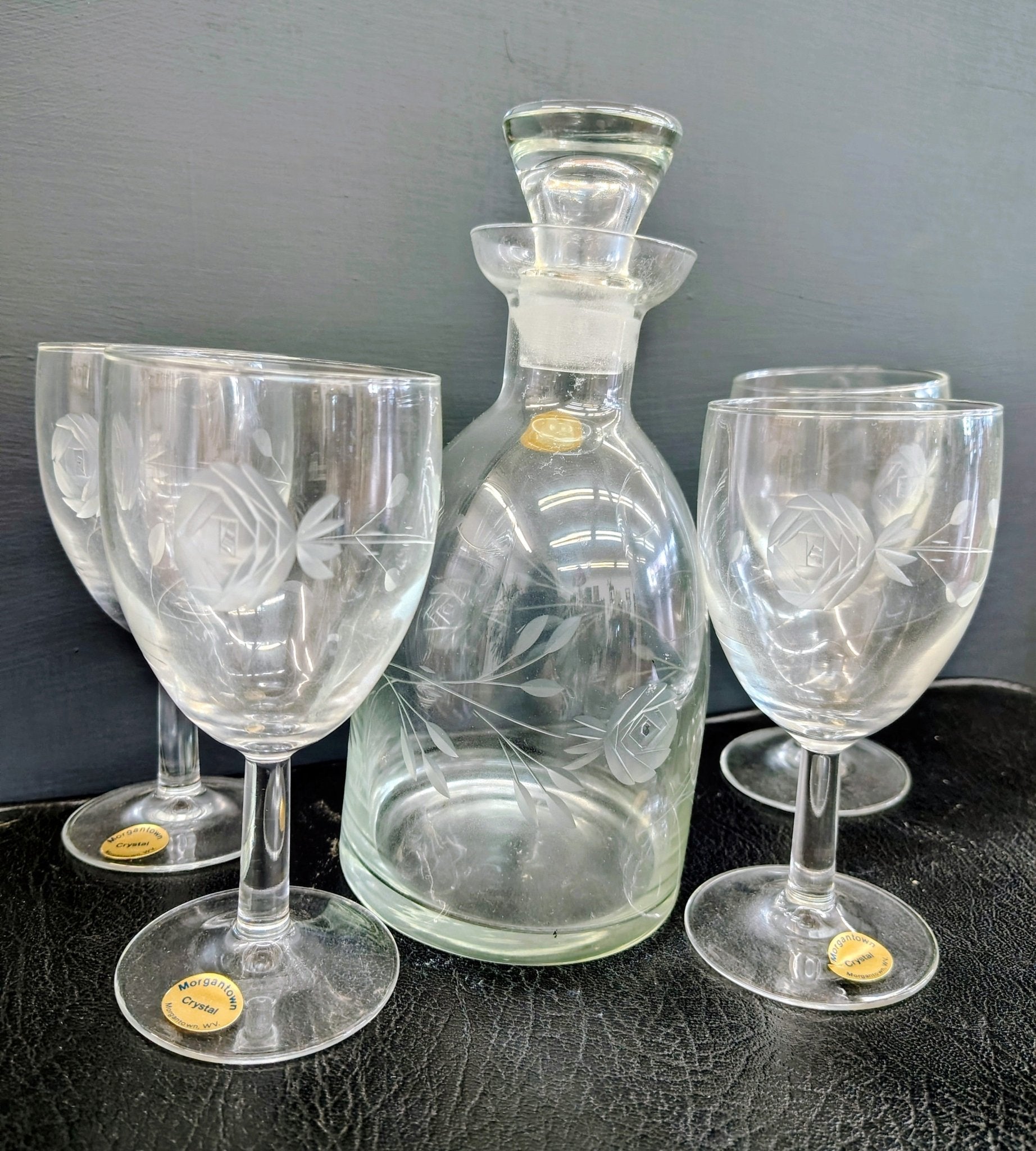 Vintage Morgantown Crystal Port Decanter Set with Etched Rose Glasses – 5 Pieces - Loom Vintage