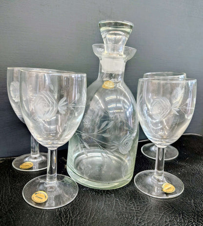 Vintage Morgantown Crystal Port Decanter Set with Etched Rose Glasses – 5 Pieces - Loom Vintage