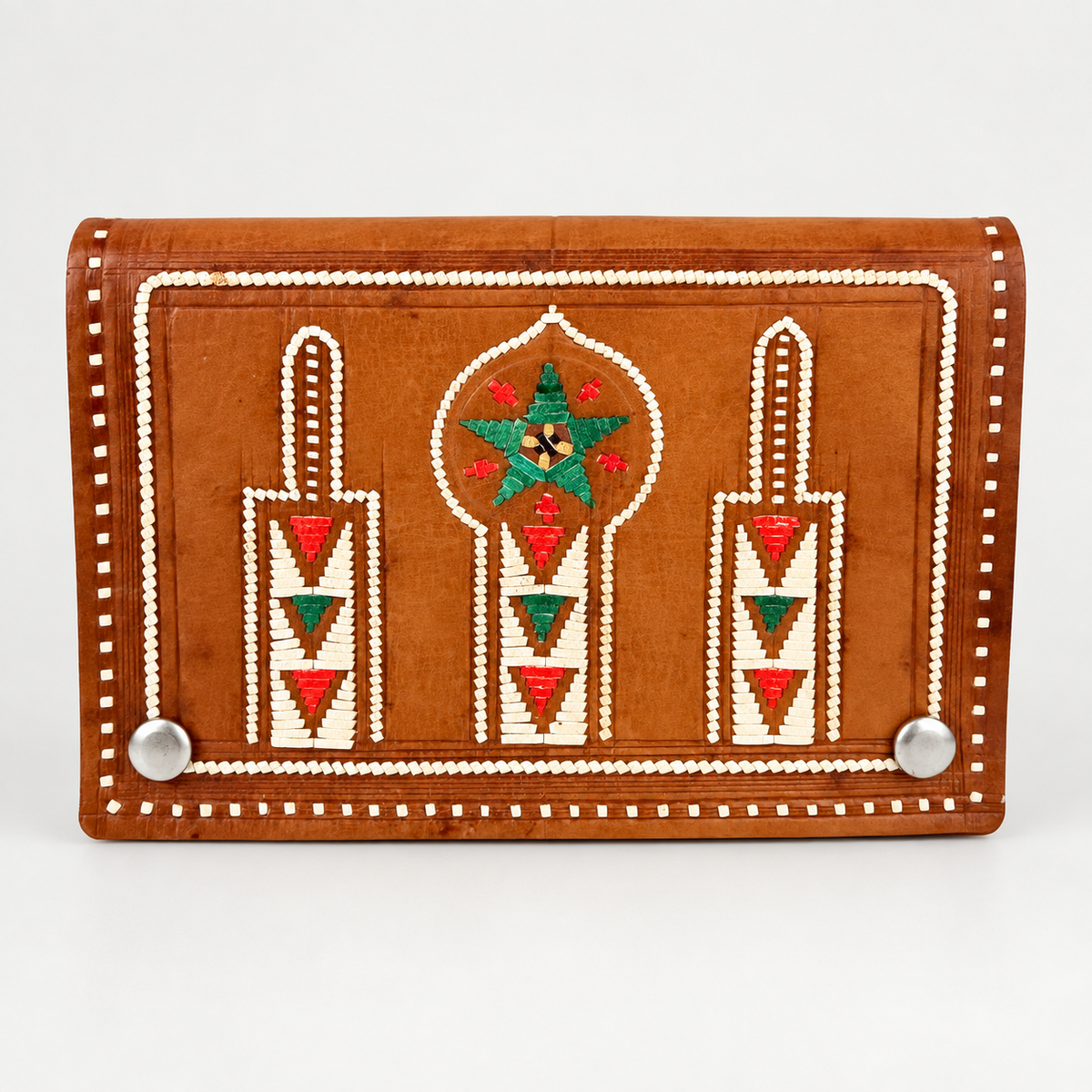 Vintage Moroccan tan leather trifold wallet with white leather-strip embroidery and red, white and green minaret design, photo 1 of 4