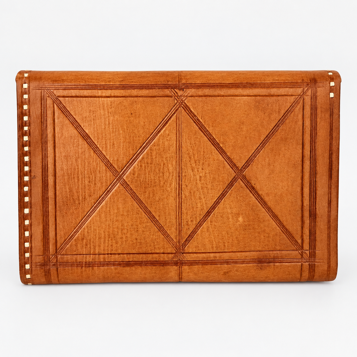 Back of Moroccan leather wallet with hand-tooled crisscross diamond pattern, photo 3 of 4