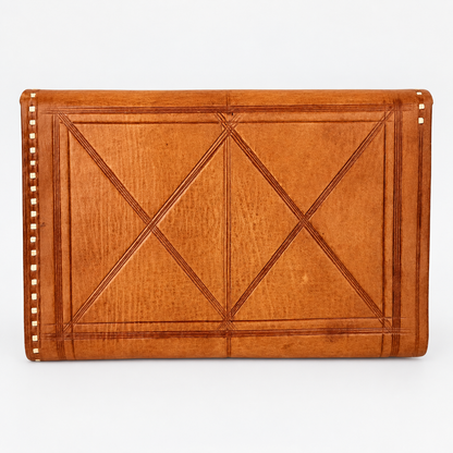 Back of Moroccan leather wallet with hand-tooled crisscross diamond pattern, photo 3 of 4
