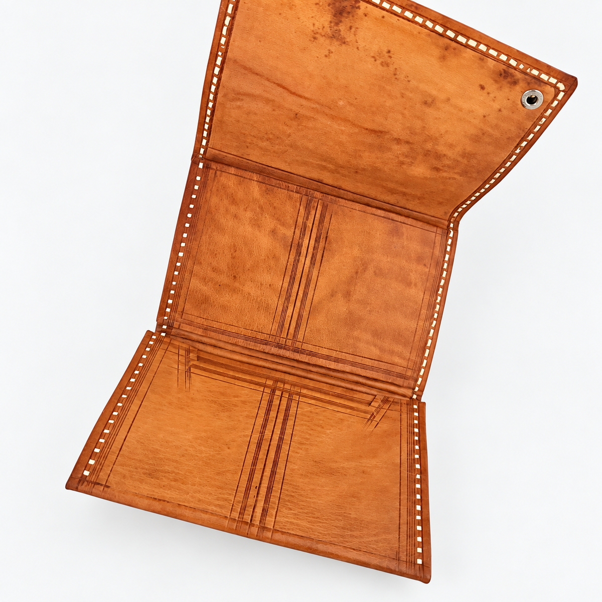 Moroccan leather wallet opened to show trifold pockets and tooled lines, photo 4 of 4