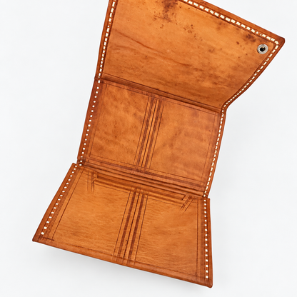 Moroccan leather wallet opened to show trifold pockets and tooled lines, photo 4 of 4