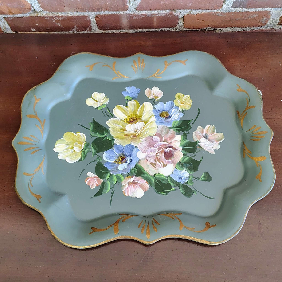 Vintage Nashco hand-painted toleware tray, floral on sage green with gold scrolls, photo 1 of 6
