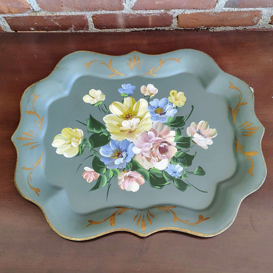 Vintage Nashco hand-painted toleware tray, floral on sage green with gold scrolls, photo 1 of 6
