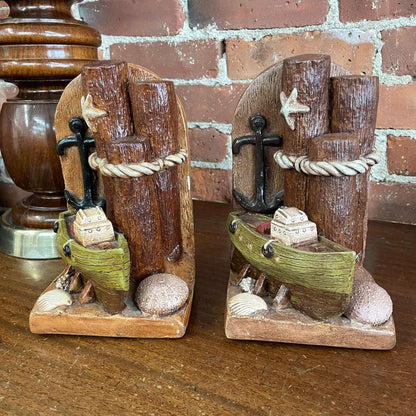 Vintage Nautical Coastal Bookends – Anchor & Boat Seaside Decor Set - Loom Vintage