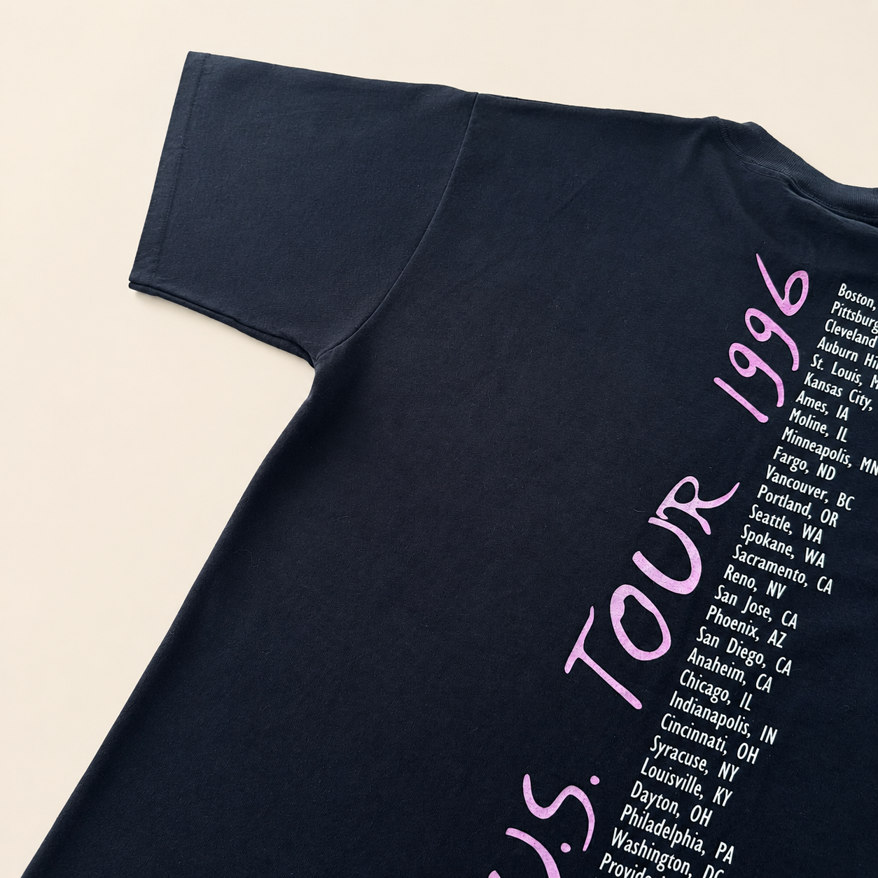 Back left sleeve and tour date list of vintage 1996 Neil Diamond U.S. Tour t-shirt