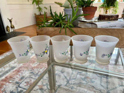 Vintage Opaque Glassware with Hand Painted Purple Flowers, Set of 5, Floral Enamel Design, Hand Painted, Sherry Glass Port Glass - Loom Vintage