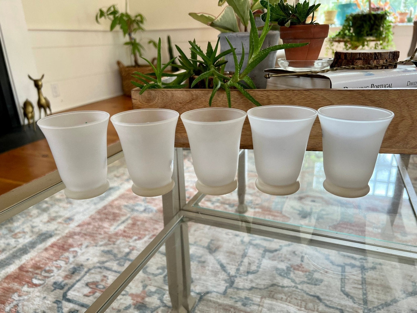Vintage Opaque Glassware with Hand Painted Purple Flowers, Set of 5, Floral Enamel Design, Hand Painted, Sherry Glass Port Glass - Loom Vintage