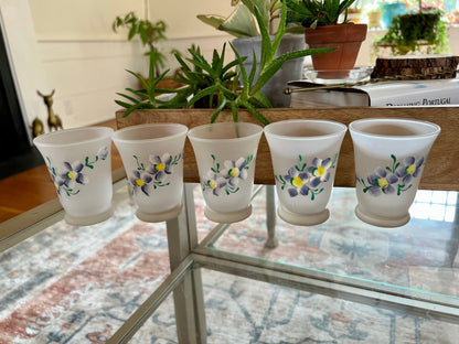 Vintage Opaque Glassware with Hand Painted Purple Flowers, Set of 5, Floral Enamel Design, Hand Painted, Sherry Glass Port Glass - Loom Vintage