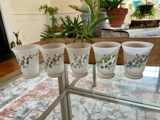 Vintage Opaque Glassware with Hand Painted Purple Flowers, Set of 5, Floral Enamel Design, Hand Painted, Sherry Glass Port Glass - Loom Vintage