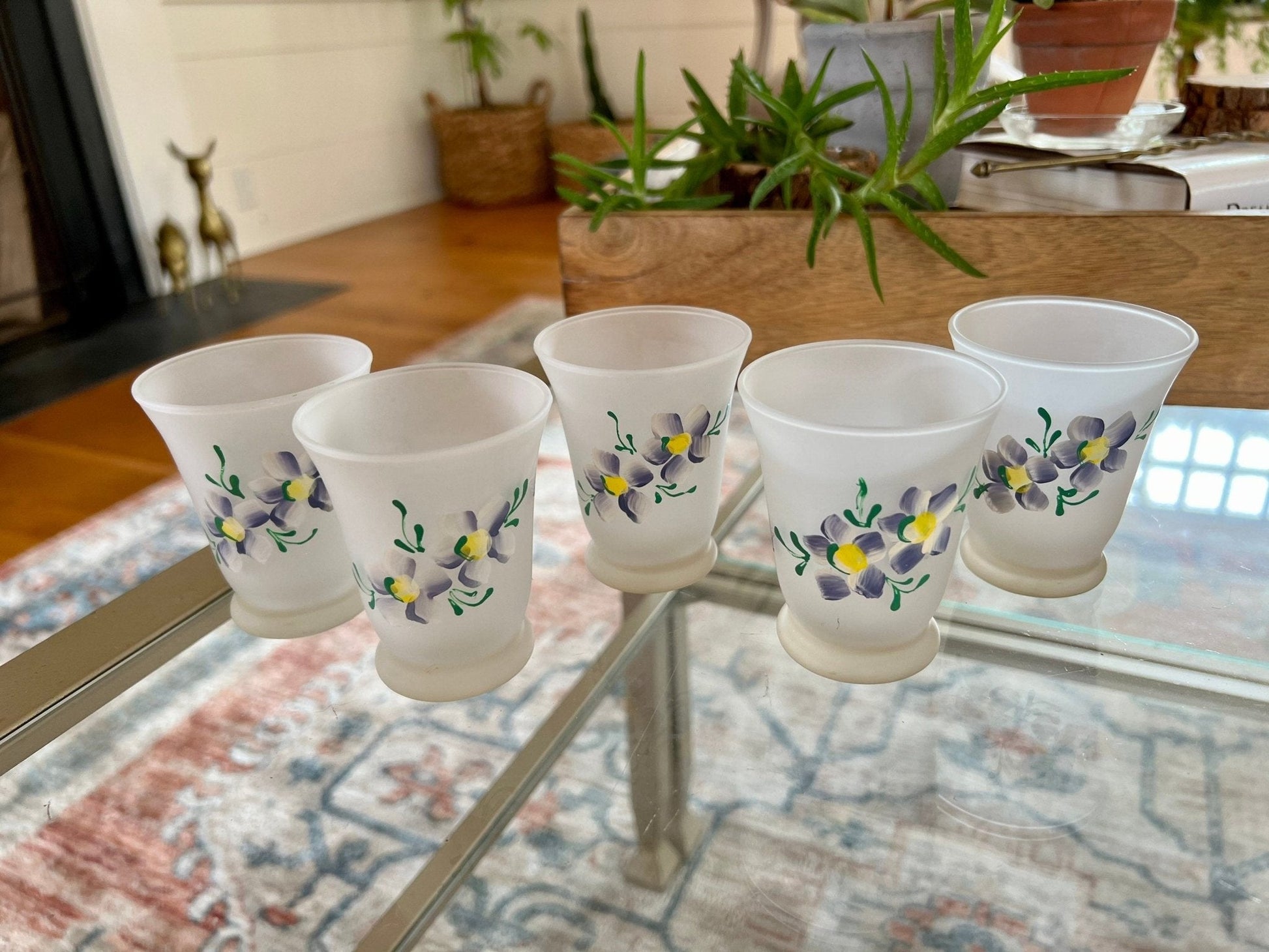 Vintage Opaque Glassware with Hand Painted Purple Flowers, Set of 5, Floral Enamel Design, Hand Painted, Sherry Glass Port Glass - Loom Vintage