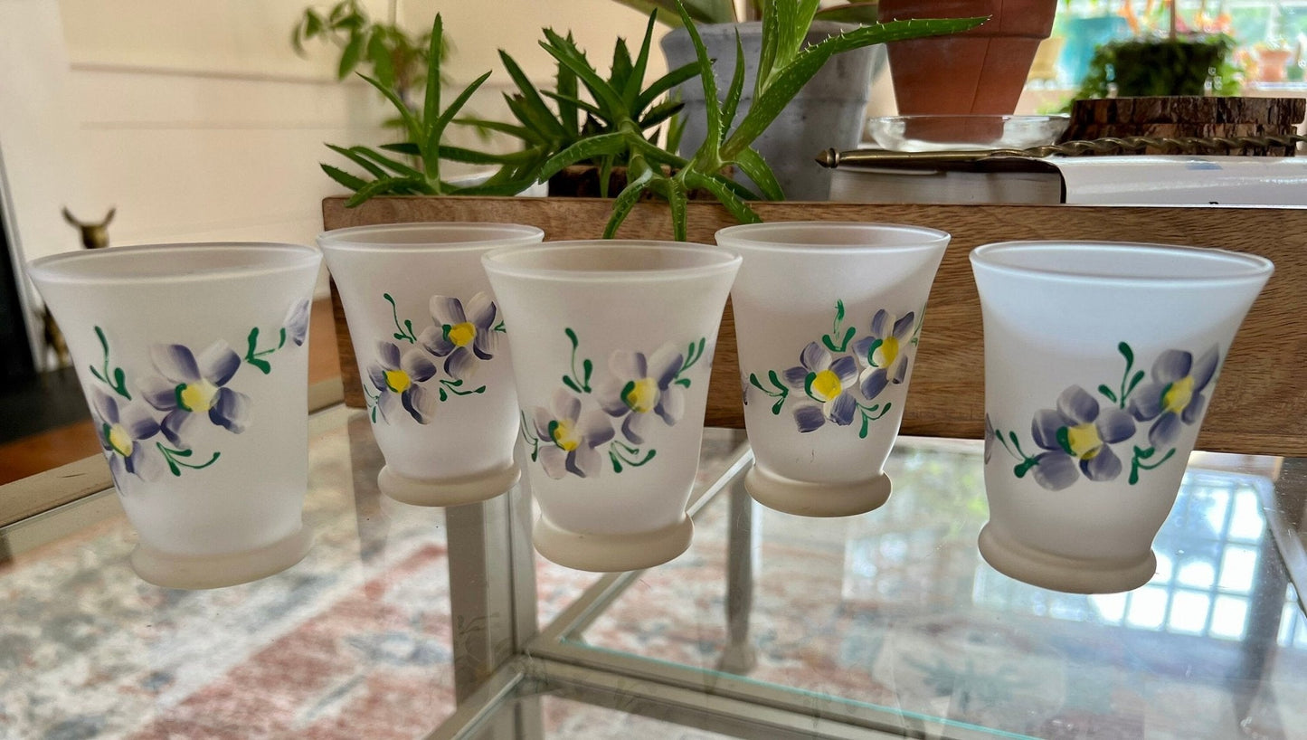 Vintage Opaque Glassware with Hand Painted Purple Flowers, Set of 5, Floral Enamel Design, Hand Painted, Sherry Glass Port Glass - Loom Vintage