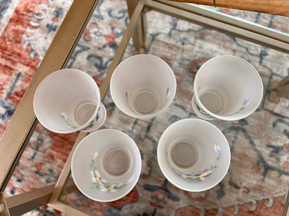 Vintage Opaque Glassware with Hand Painted Purple Flowers, Set of 5, Floral Enamel Design, Hand Painted, Sherry Glass Port Glass - Loom Vintage