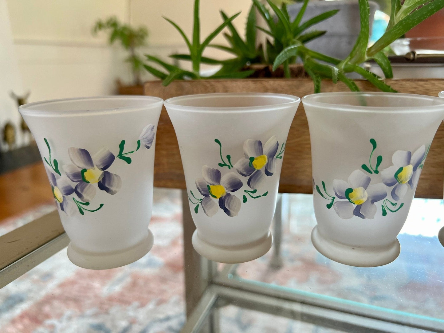 Vintage Opaque Glassware with Hand Painted Purple Flowers, Set of 5, Floral Enamel Design, Hand Painted, Sherry Glass Port Glass - Loom Vintage