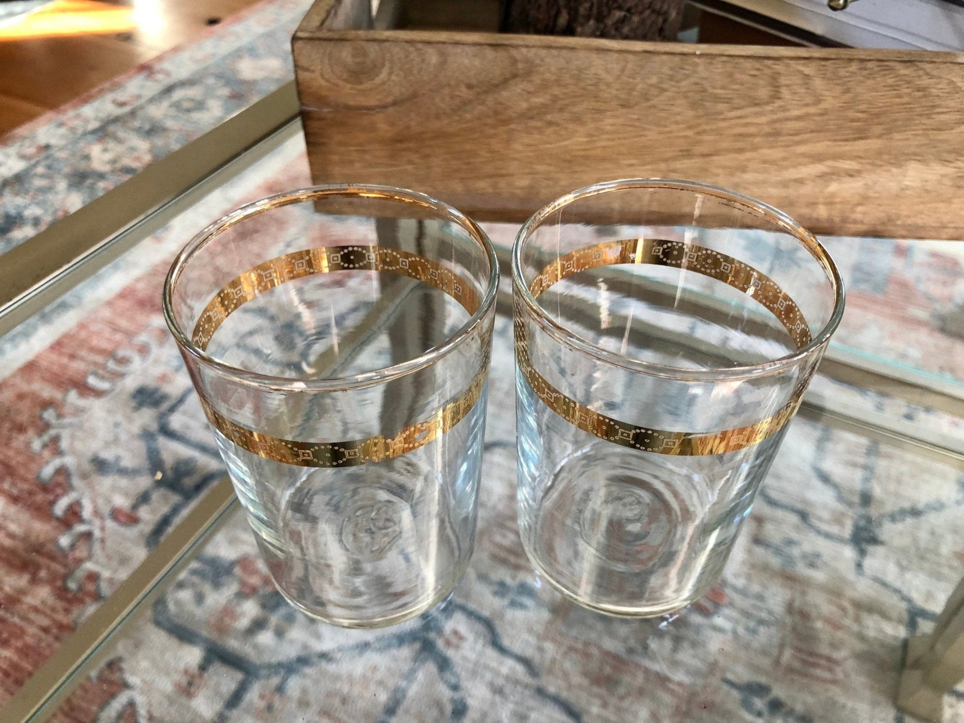 Vintage Pair of 2 Gold Rimmed Crystal Juice or Water Glasses, Classic Glassware - Loom Vintage