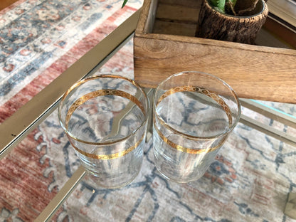Vintage Pair of 2 Gold Rimmed Crystal Juice or Water Glasses, Classic Glassware - Loom Vintage