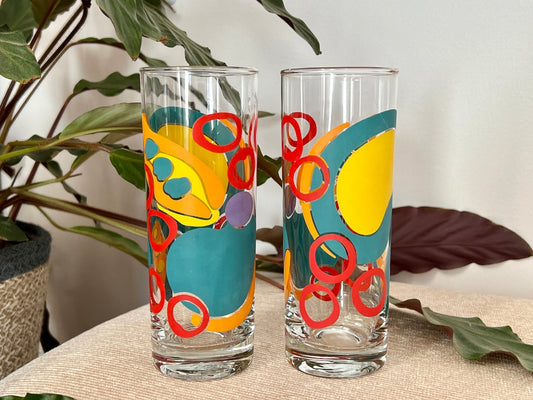 Vintage Pair of Kitsch Bar Glasses, 1990s Cups, Abstract Design Glassware, Colorful, red, teal, yellow and orange, Bloody Mary Glass - Loom Vintage