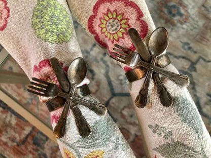 Vintage Pair of Metal Silverware Napkin Holders, Fork, Knife, Spoon Design, French Country, Napkin Rings - Loom Vintage