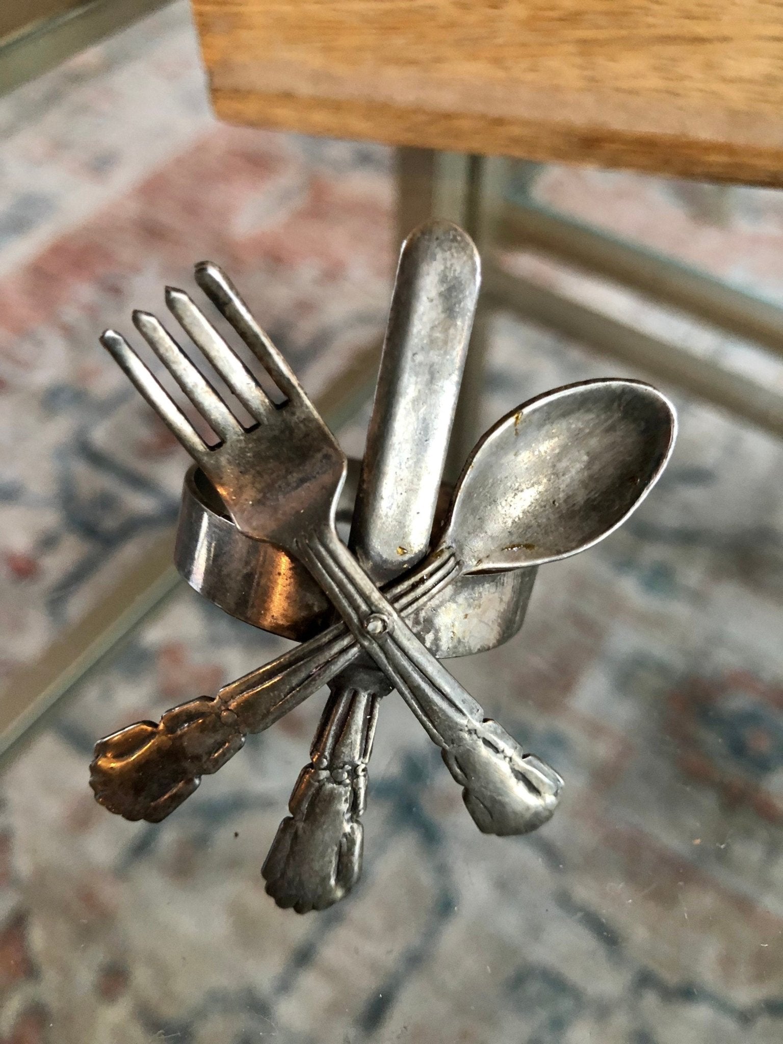 Vintage Pair of Metal Silverware Napkin Holders, Fork, Knife, Spoon Design, French Country, Napkin Rings - Loom Vintage