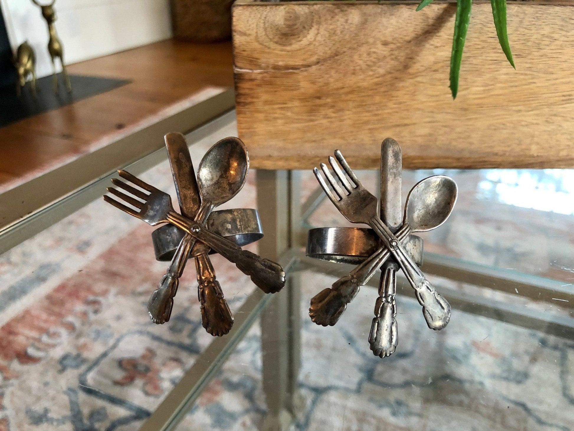 Vintage Pair of Metal Silverware Napkin Holders, Fork, Knife, Spoon Design, French Country, Napkin Rings - Loom Vintage