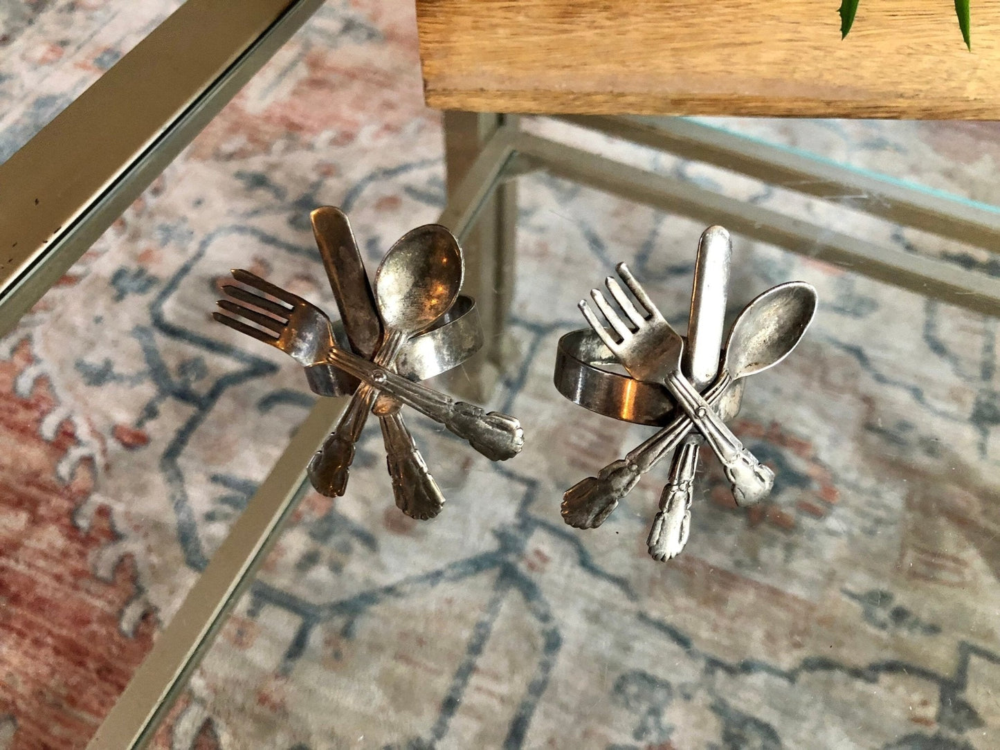 Vintage Pair of Metal Silverware Napkin Holders, Fork, Knife, Spoon Design, French Country, Napkin Rings - Loom Vintage