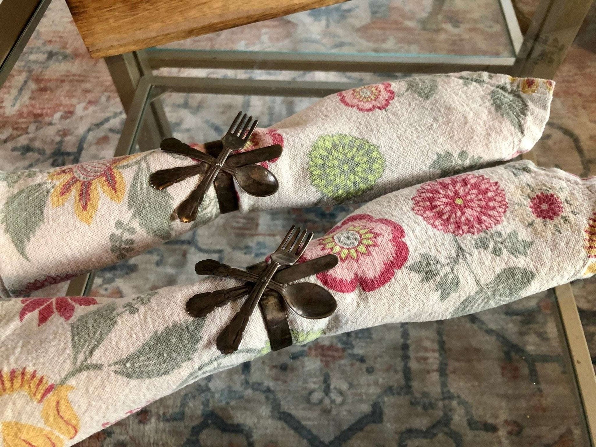 Vintage Pair of Metal Silverware Napkin Holders, Fork, Knife, Spoon Design, French Country, Napkin Rings - Loom Vintage