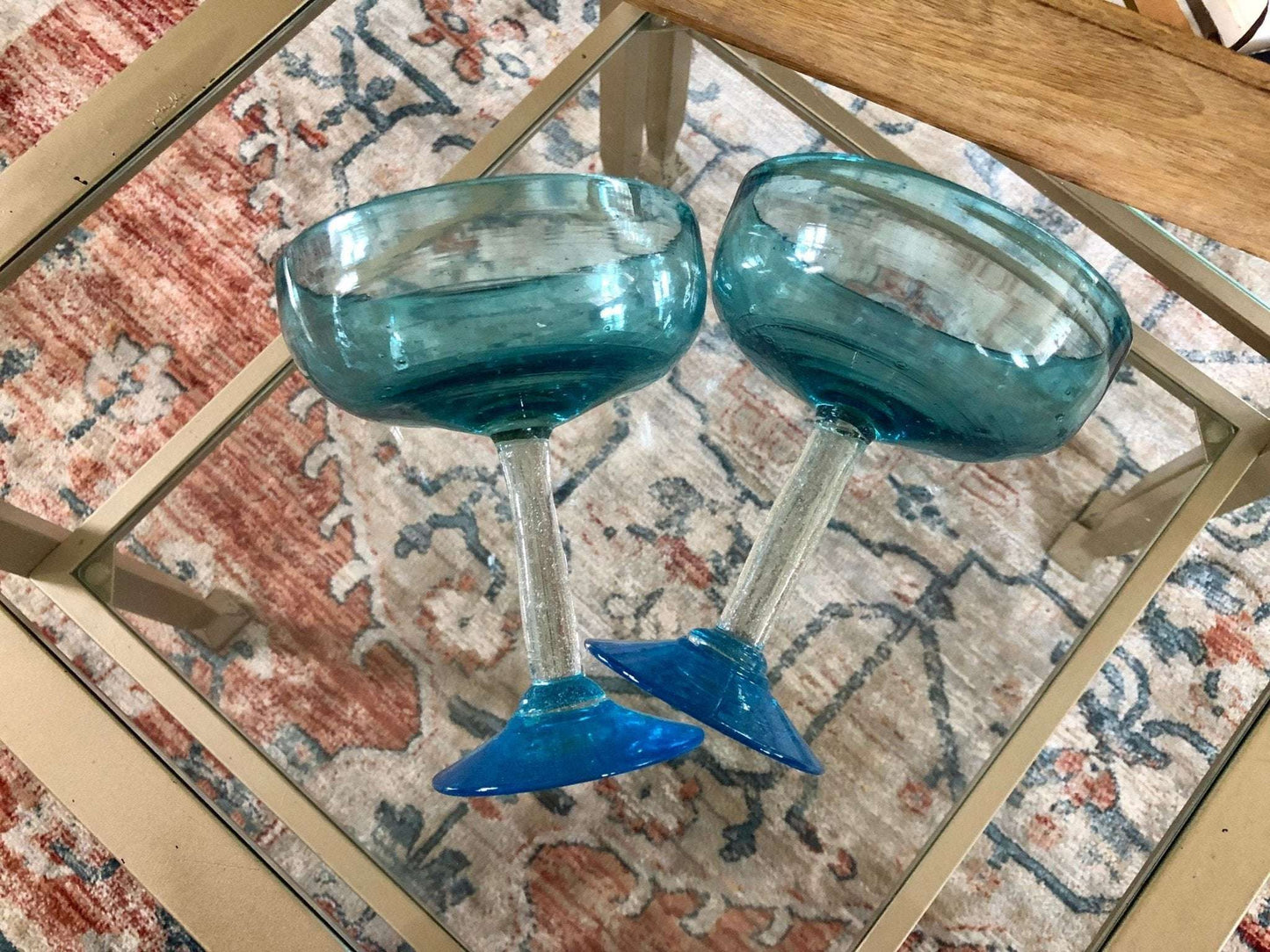 Vintage Pair of Mexican Hand Blown Aqua Blue Margarita Glasses, Bubble Glass, Hand Made - Loom Vintage