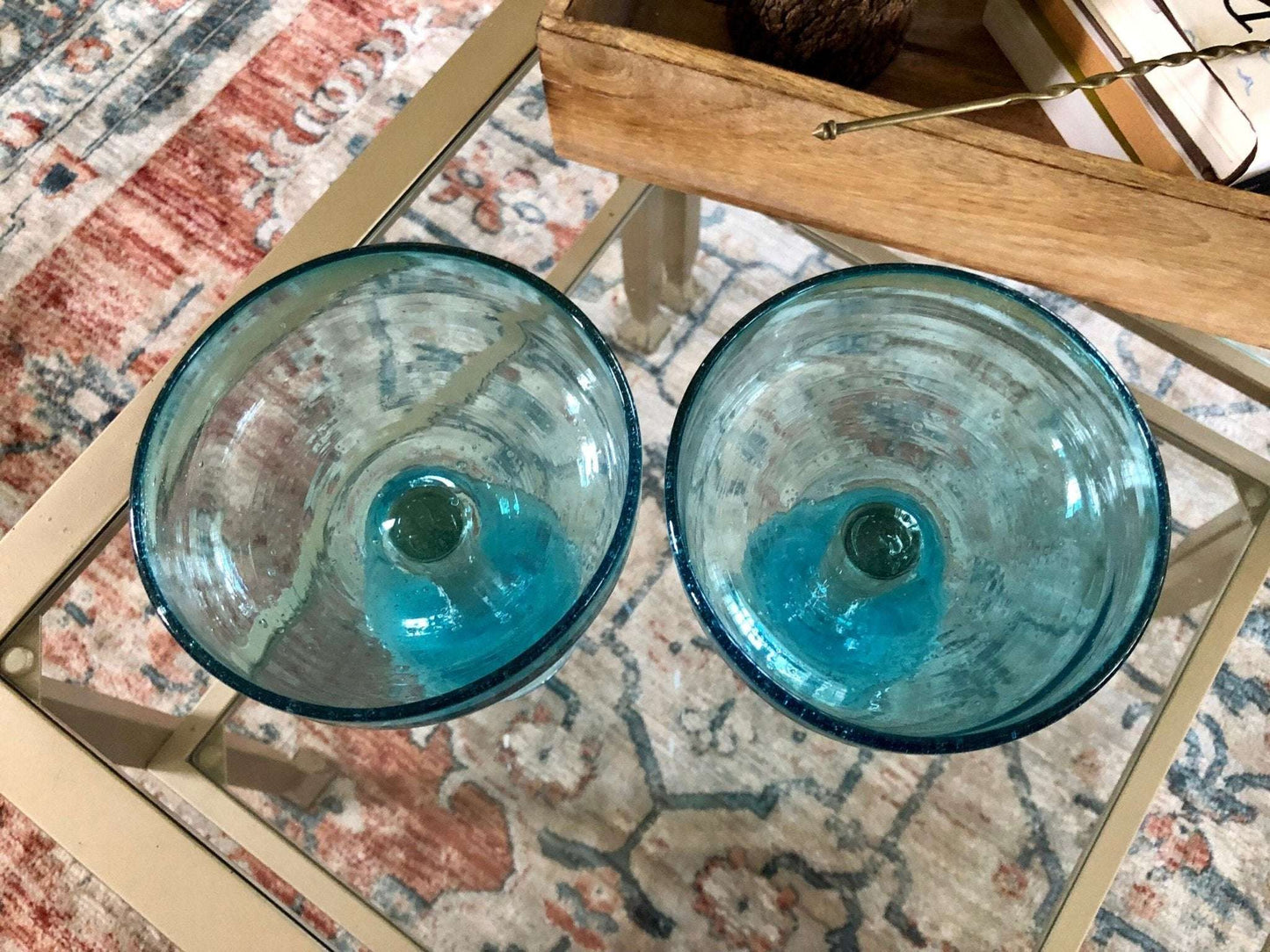 Vintage Pair of Mexican Hand Blown Aqua Blue Margarita Glasses, Bubble Glass, Hand Made - Loom Vintage