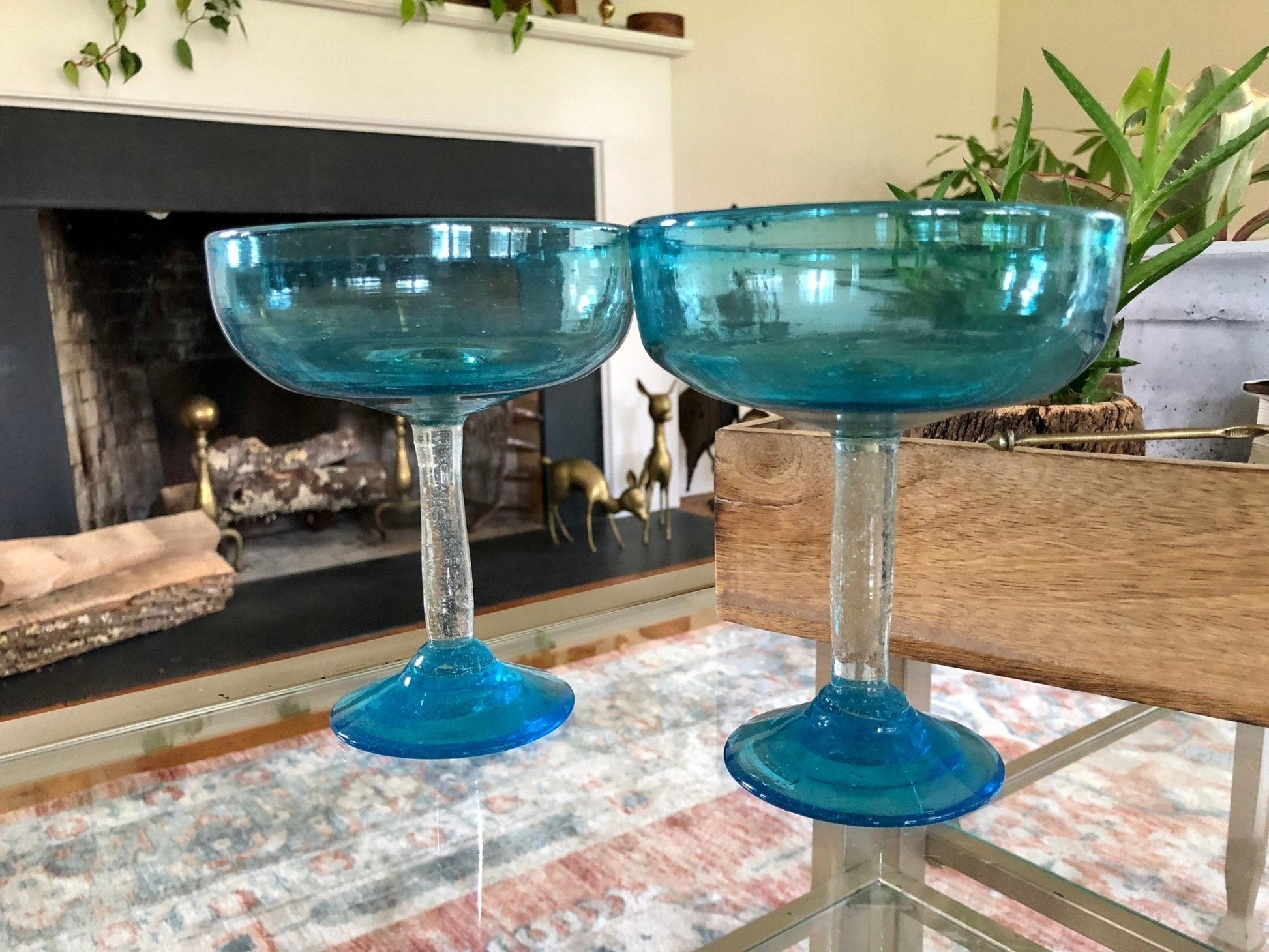 Vintage Pair of Mexican Hand Blown Aqua Blue Margarita Glasses, Bubble Glass, Hand Made - Loom Vintage