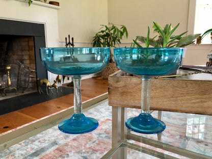 Vintage Pair of Mexican Hand Blown Aqua Blue Margarita Glasses, Bubble Glass, Hand Made - Loom Vintage
